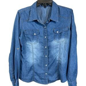 New Look Womens Shirt‎ Blue Sz Large Chambray Snap Button Classic Casual Blouse